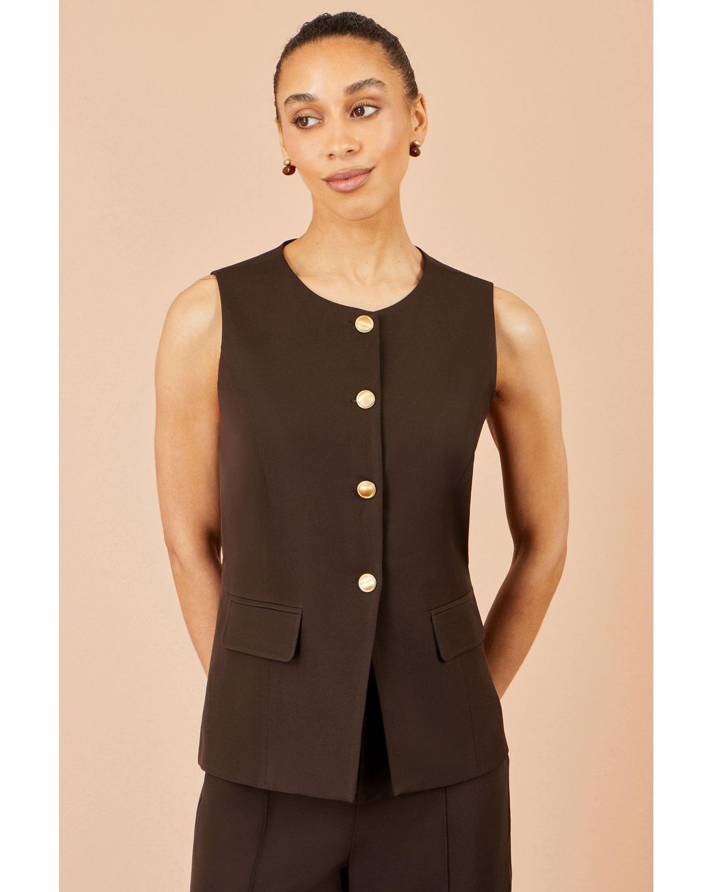 Yumi' Brown Long Line Button Waistcoat Top