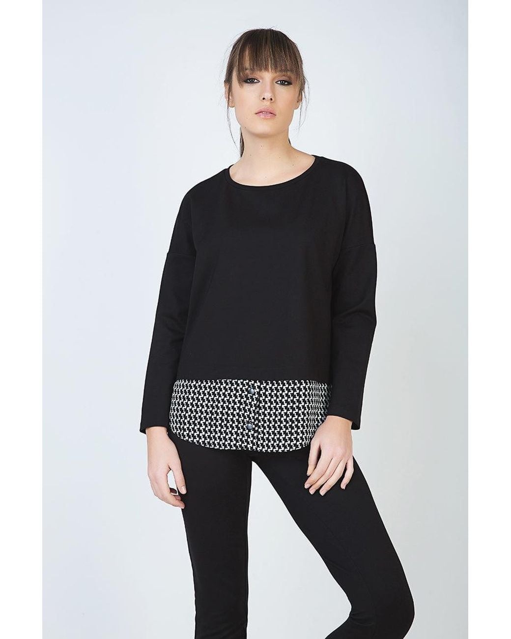 Conquista Black Houndstooth & Button Detail Long Sleeve Top With Optional Shirt Collar By Fashion