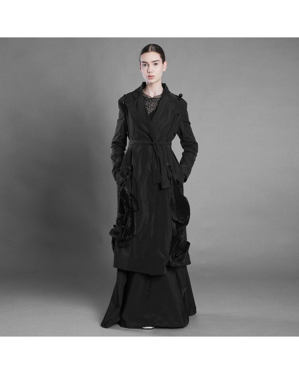 Silvia Serban Black Metallic Thread Taffeta Trench Dress