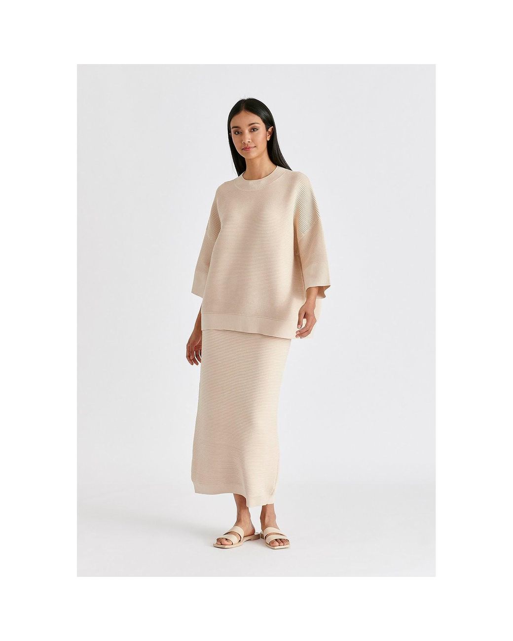 Paisie Natural Neutrals Ribbed Midi Skirt