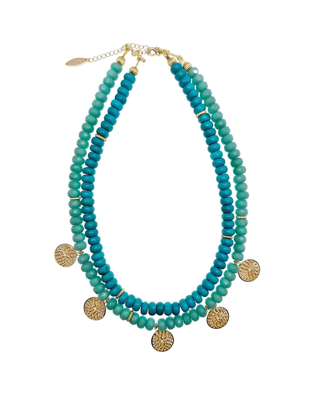 Farra Green Amazonite Double Strands Coin Charm Statement Necklace