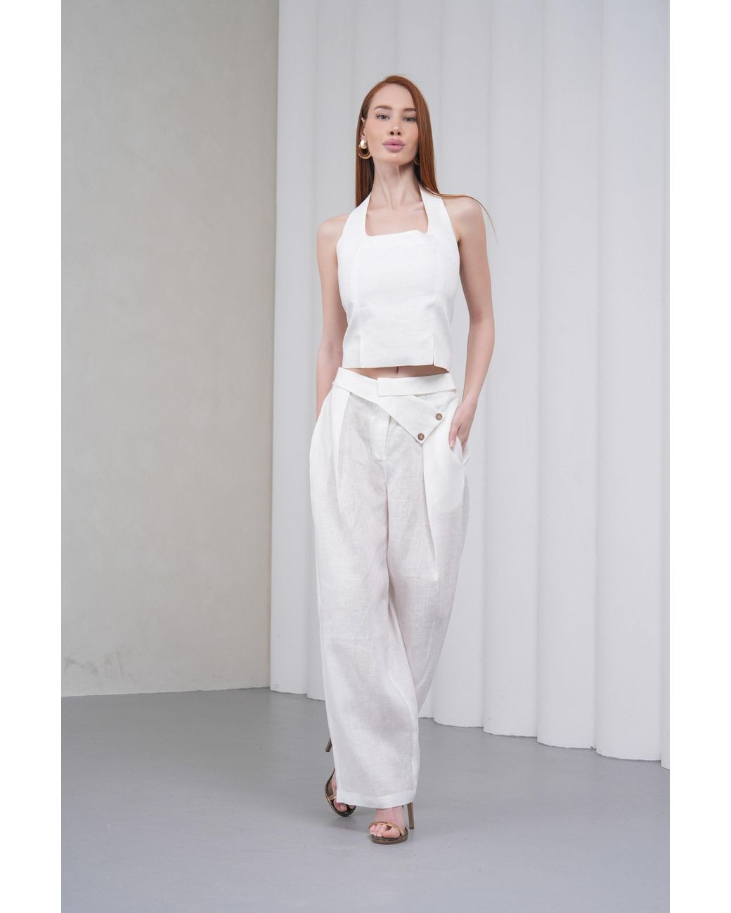 Lumina Eligma White The Halterline Linen Blouse