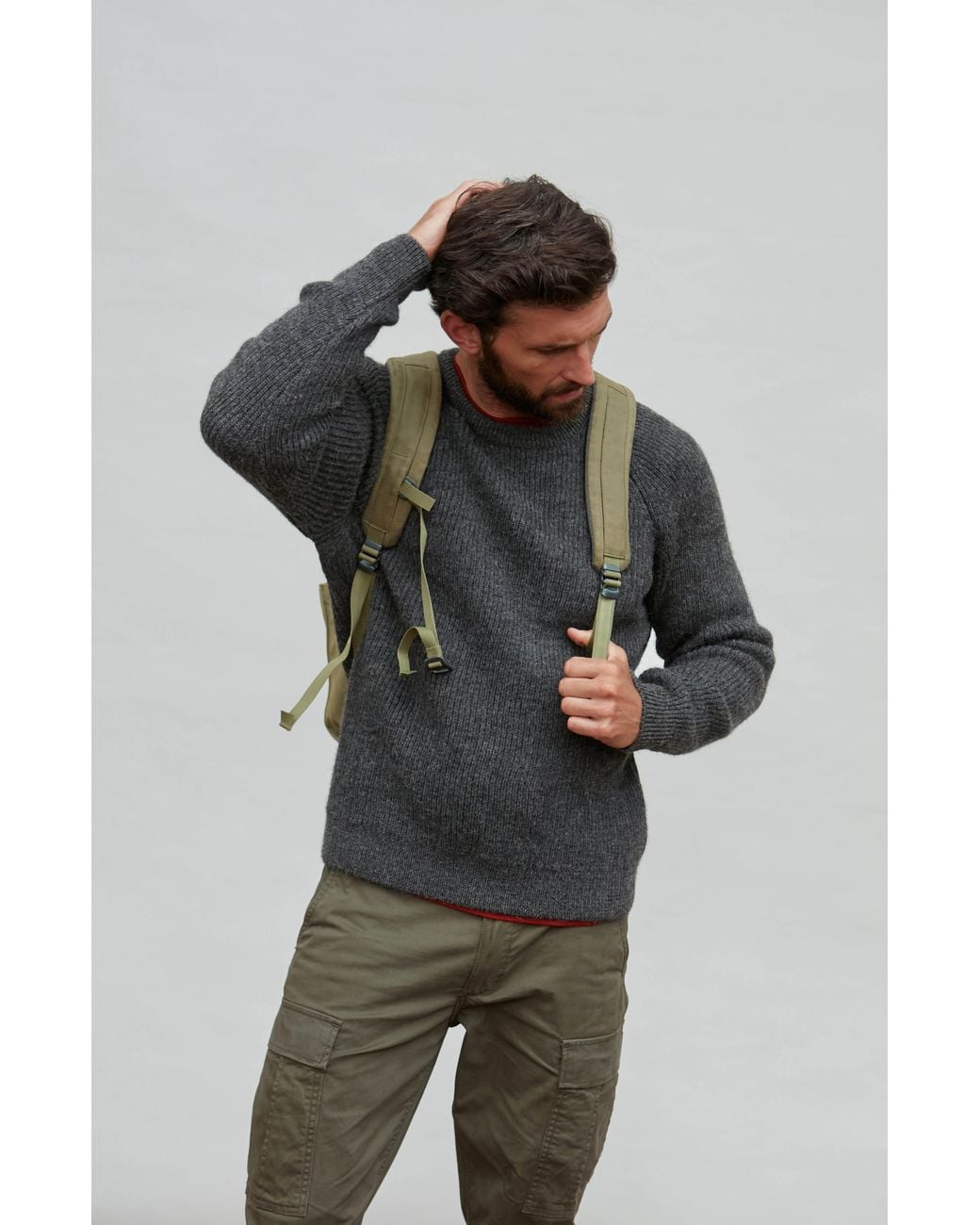 Paul James Knitwear Gray Sheepsoft British Wool Byroon Fisherman Rib Knit Jumper for men