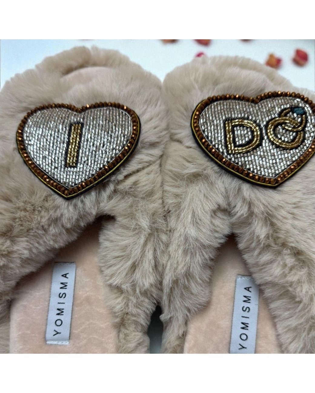 Yomisma Gray Neutrals Eco Faux Fur Slippers – Recycled Faux Fur + I Do Wedding Removable Hand Beaded Brooches