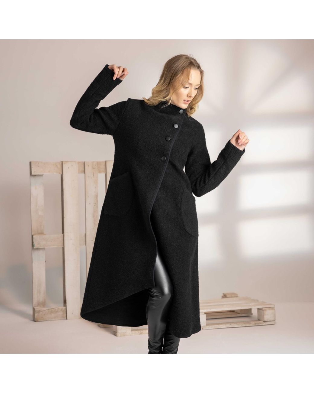 Nikka Place Black Wool Asymmetrical Wrap Cardigan Coat With Buttons And Pockets