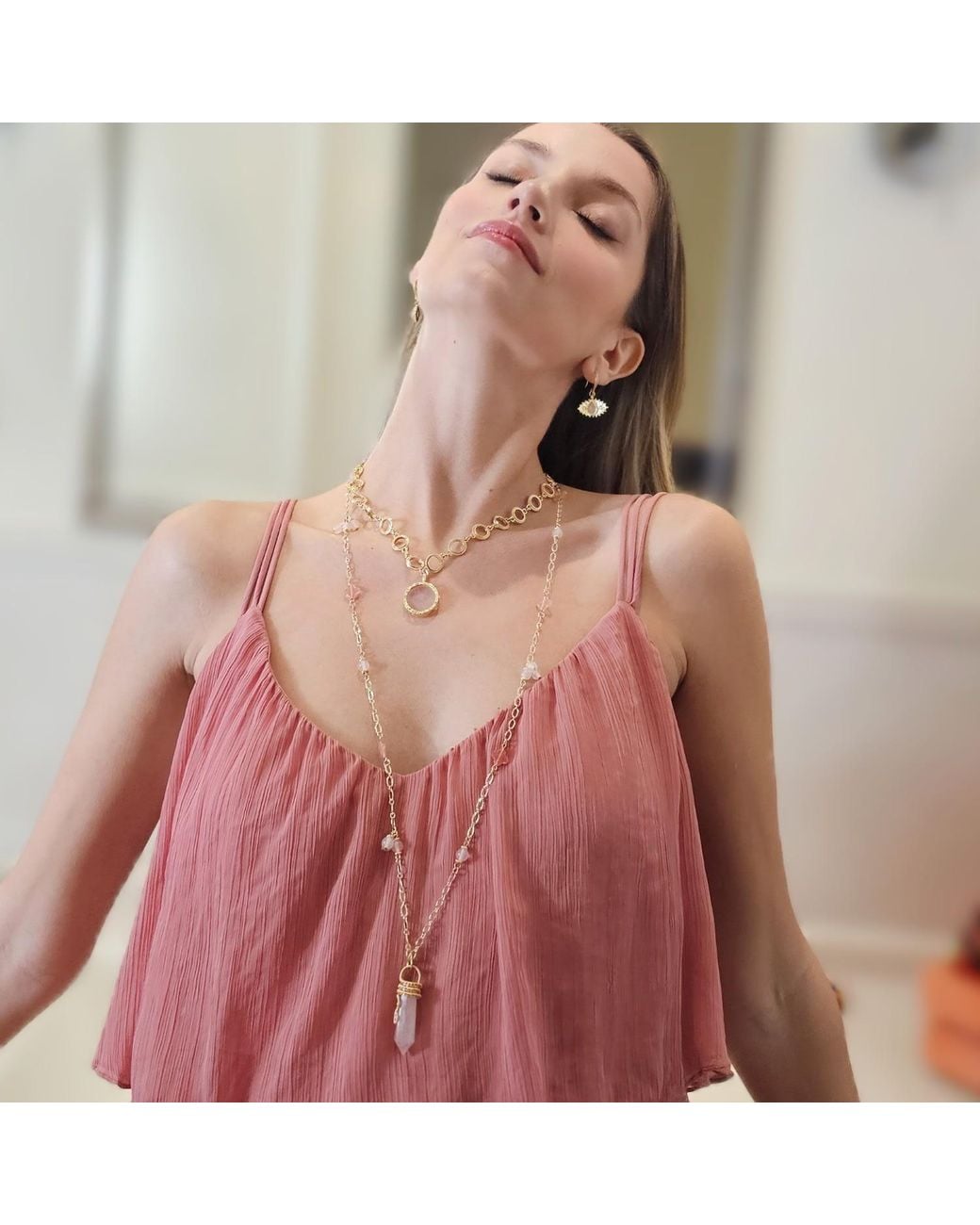 Farra Metallic Wire-Wrapped Rose Quartz Pendant With Watermelon Flower Long Necklace