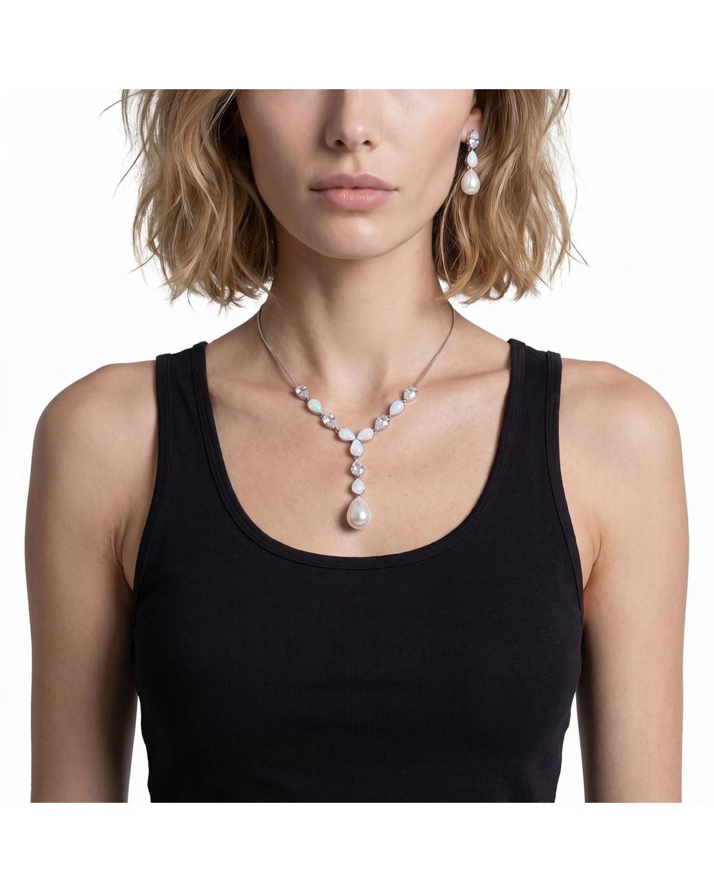 Modenaire Metallic Elegant Pearl Drop Necklace And Earrings Set