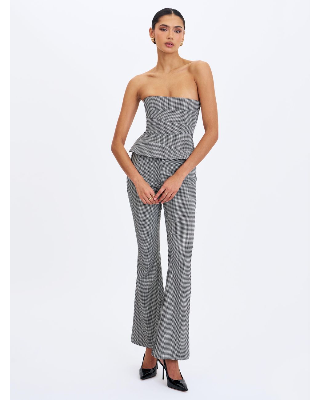 Miss Circle New York Gray Ulli Micro-Houndstooth Flared Pants