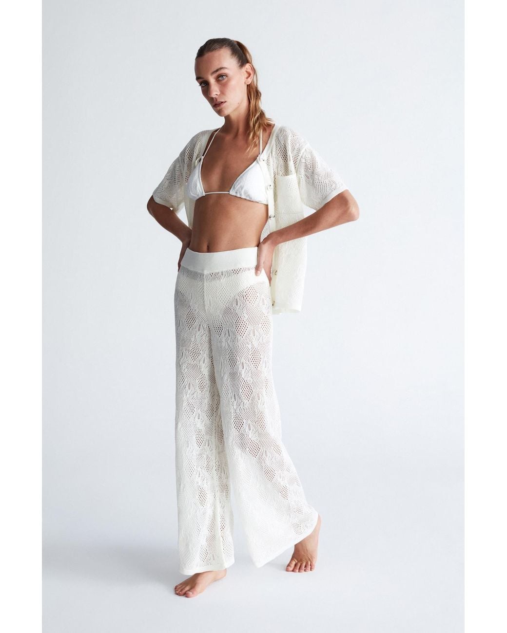 Peraluna White Emma Lace Knit Flared Trouser