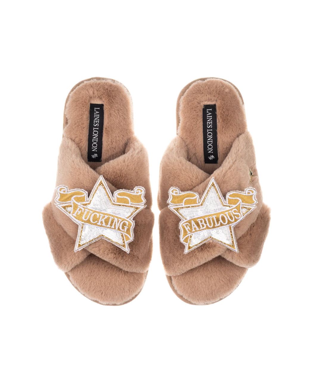 Laines London Brown Neutrals Classic Laines Slippers With Fucking Fabulous Brooches