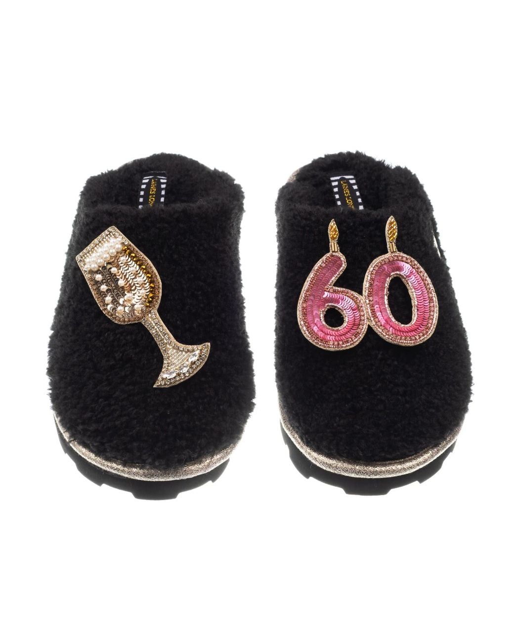 Laines London Black Teddy Closed Toe Slippers With 60Th Birthday & Champagne Glass Brooches