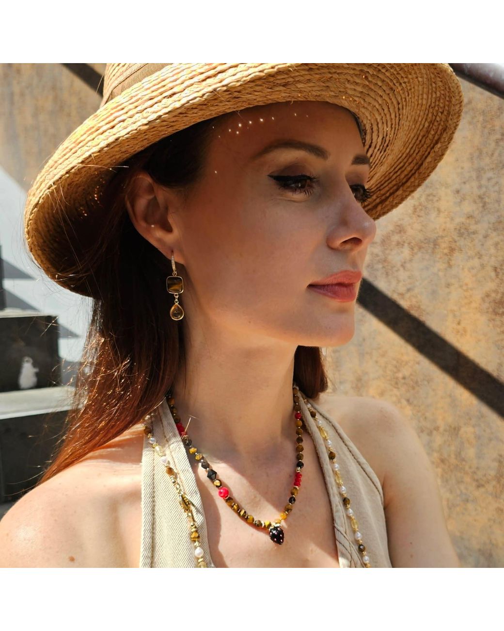 Farra Metallic Tiger Eye With Citrine Dangle Comfort Earrings