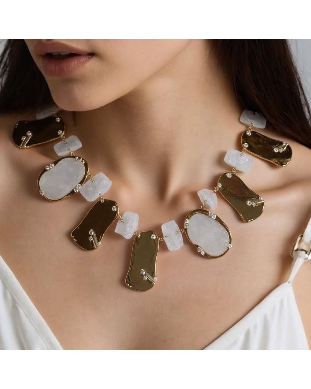 Rare Matters Jewelry Metallic Chunky Clear Quartz Sculptural Petals Statement Necklace