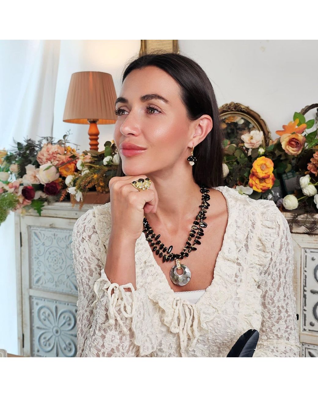 Farra Black Beaded Mushroom Playful Earrings