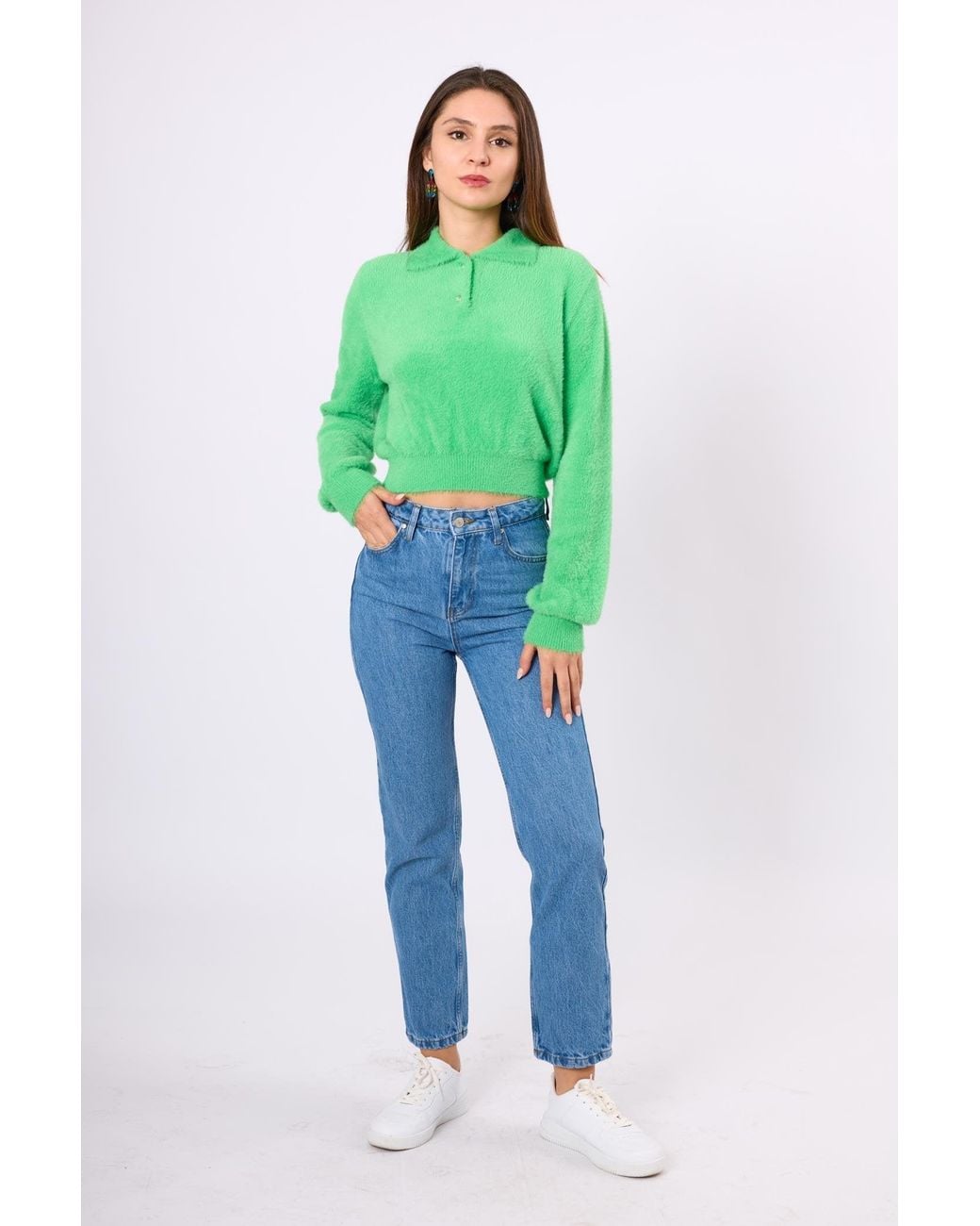 Peraluna Green Lucy Polo-Neck Crop Knit Blouse