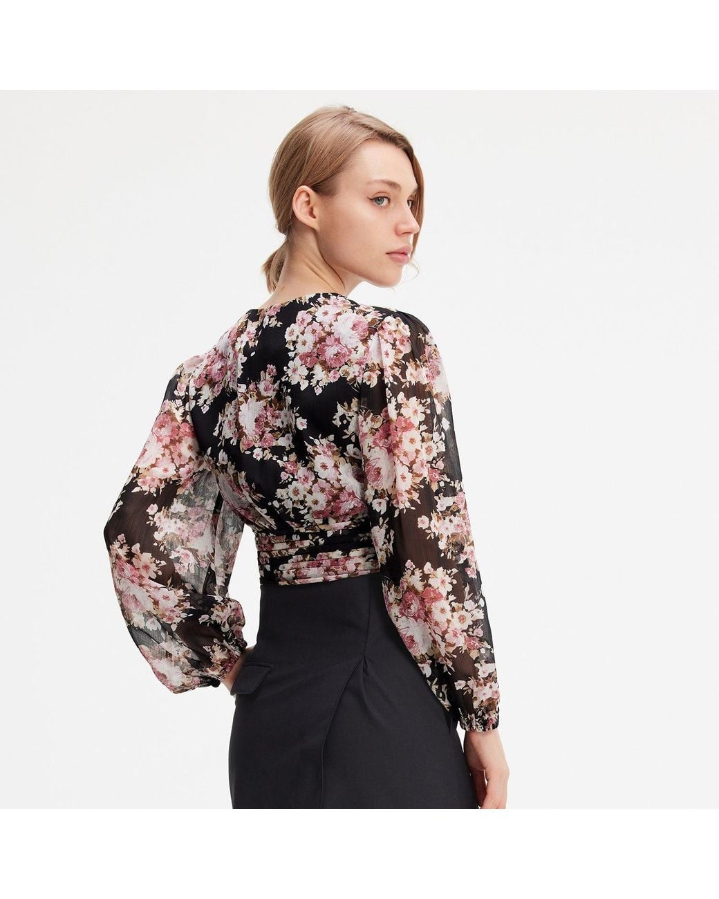 Smart and Joy Black Short Blouse With Flower Print