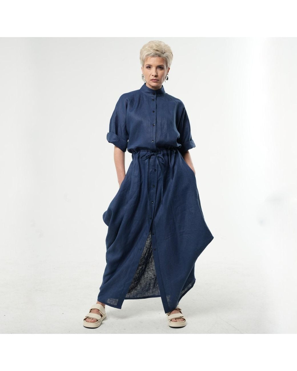 Metamorph Blue Long Linen Shirt Dress