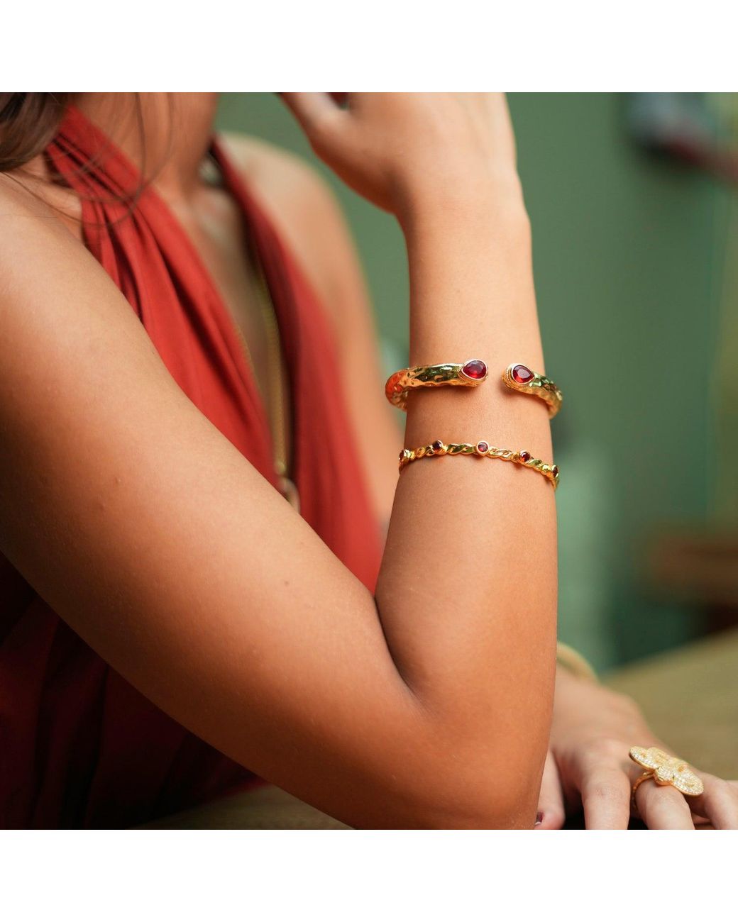 Ebru Jewelry Metallic Ruby-Studded Twisted Gold Cuff Bracelet