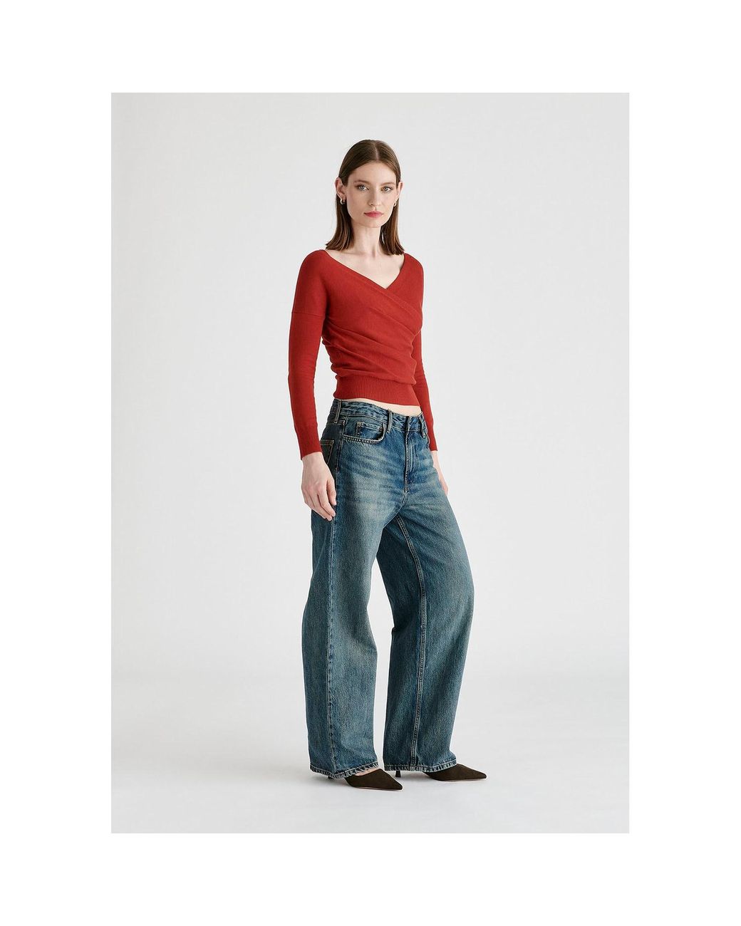 Paisie Red Knitted Wrap Top With Long Sleeves