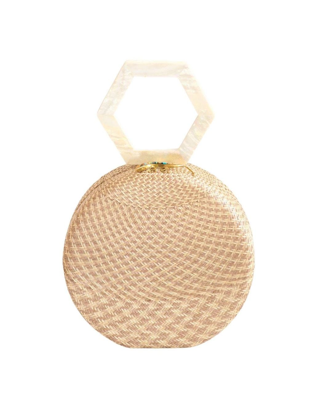 LIKHÂ Natural Neutrals Dusty Rose Round Straw Handbag With Mother Of Pearl Handle