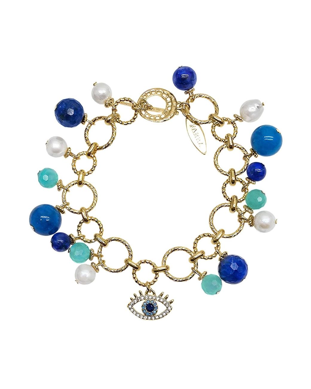 Farra Blue Lapis Lazuli Amazonite And Pearl Turkish Evil Eye Charm Bracelet