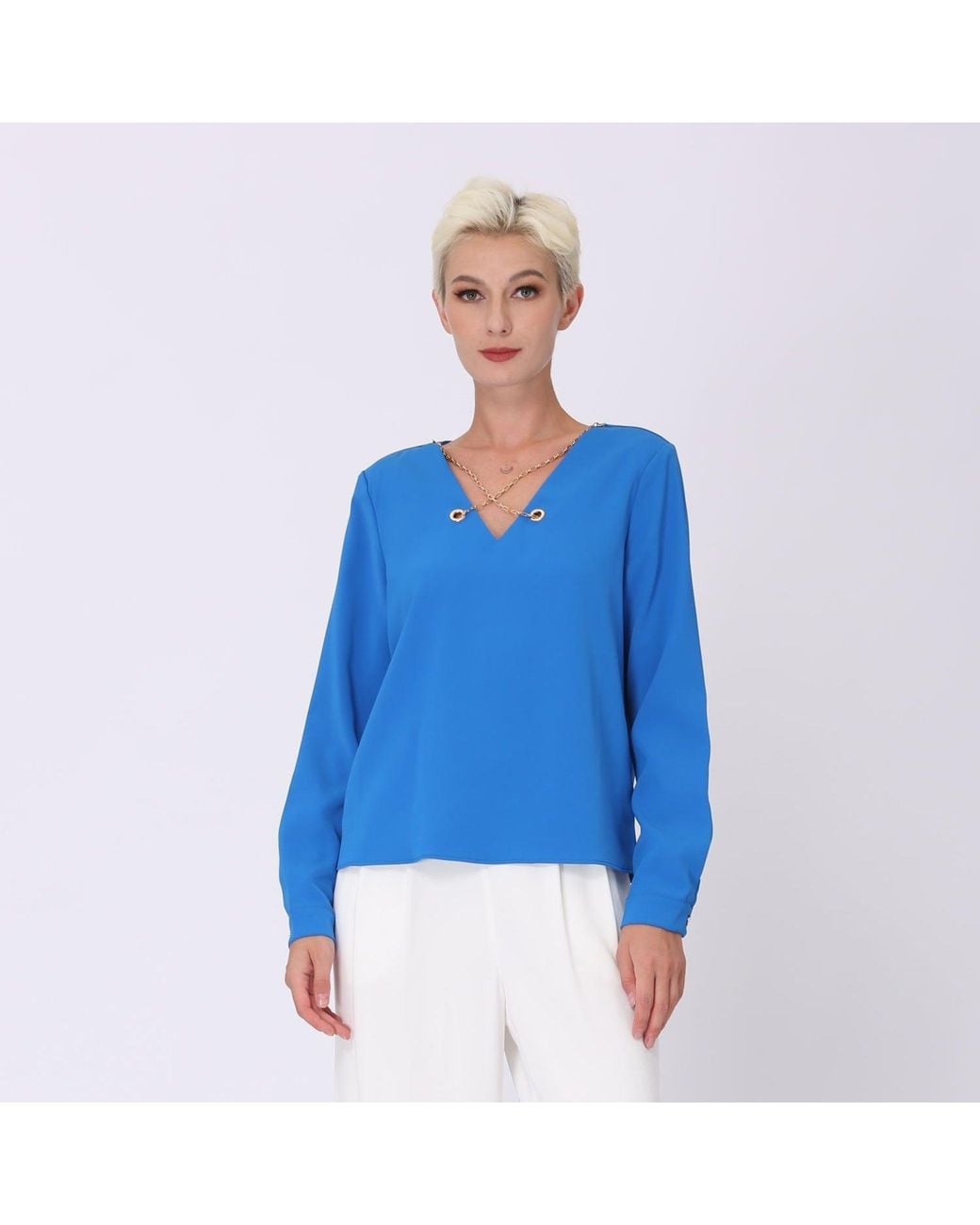Smart and Joy Blue V-Neck Blouse And Decorative Chain