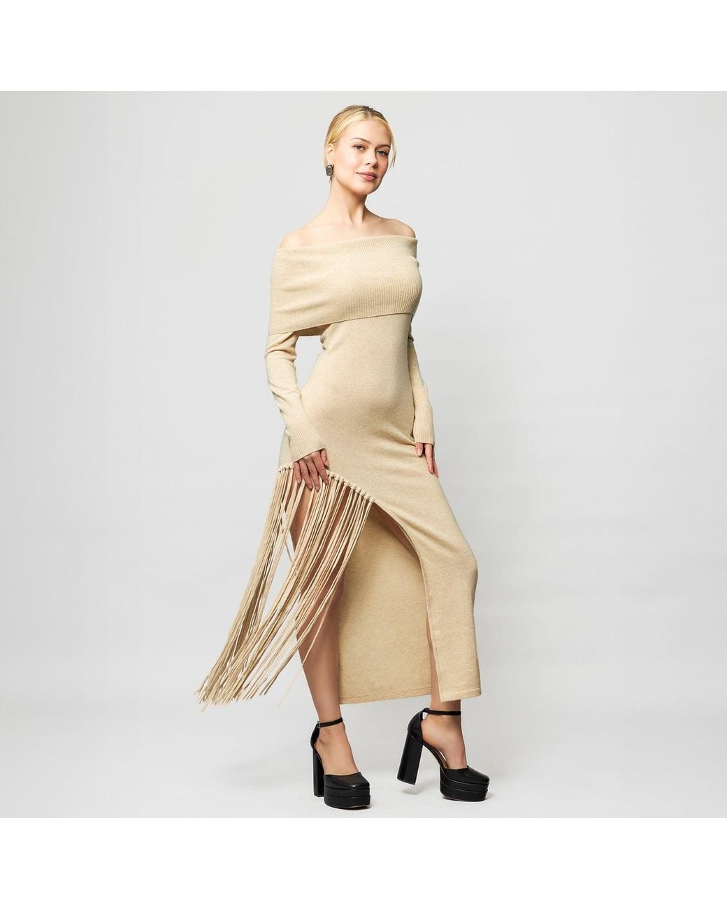 Solgo Atelier Natural Neutrals Peris Off-Shoulder Cashmere Maxi Dress