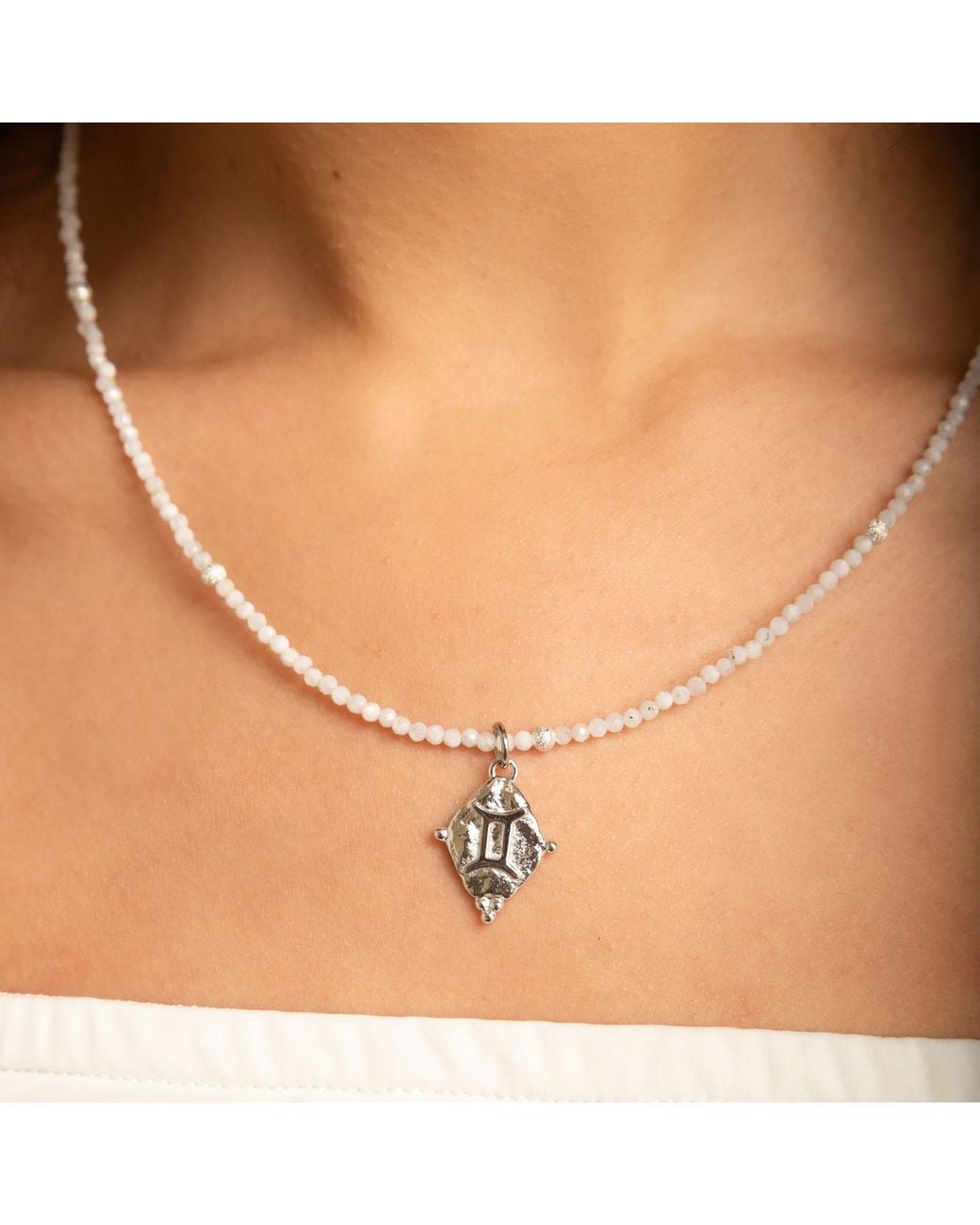 Seven Saints Metallic Gemini Gemstone Choker Necklace, Moonstone, Plated