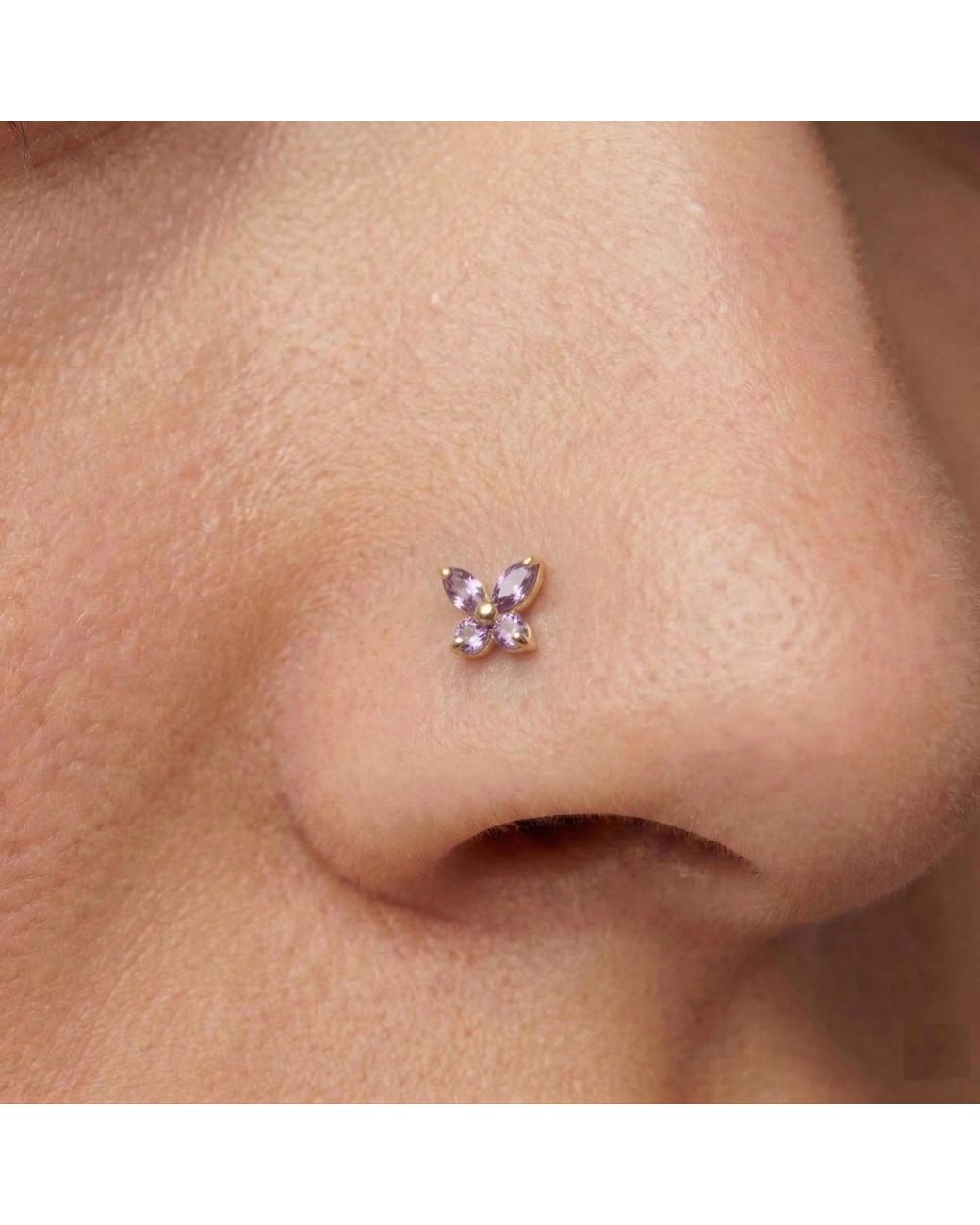 Zahav Jewelry Metallic 14K Solid 24G Amethyst Cz Butterfly L-Shape Nose Stud