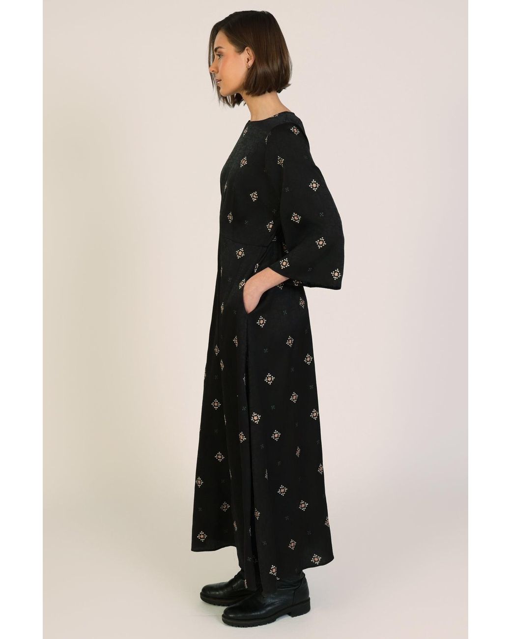 Traffic People Black Sacred Silence Embroidered Long Sleeve Deme Maxi Dress