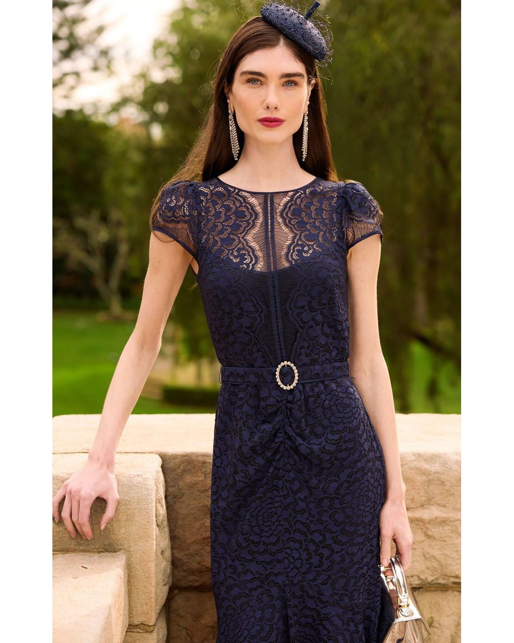 SACHA DRAKE Blue Affair Of Honour Scalloped Lace Midi Dress
