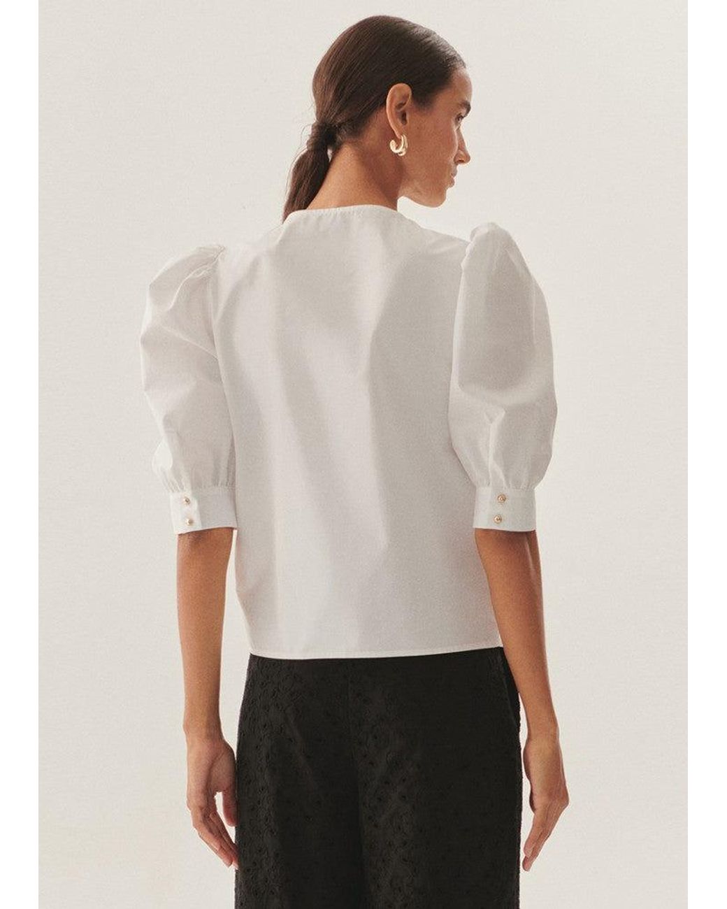 Exquise White Regular Puff Sleeve Poplin Keyhole Blouse