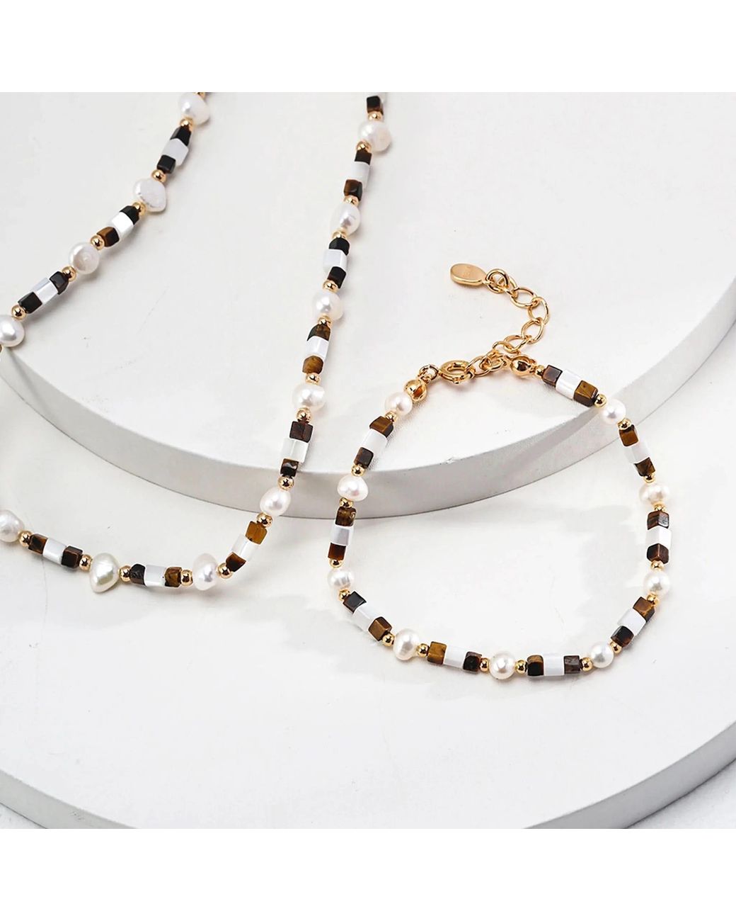 Angel Barocco Metallic Tiger Eye Gemstone Pearl Beaded Bracelet