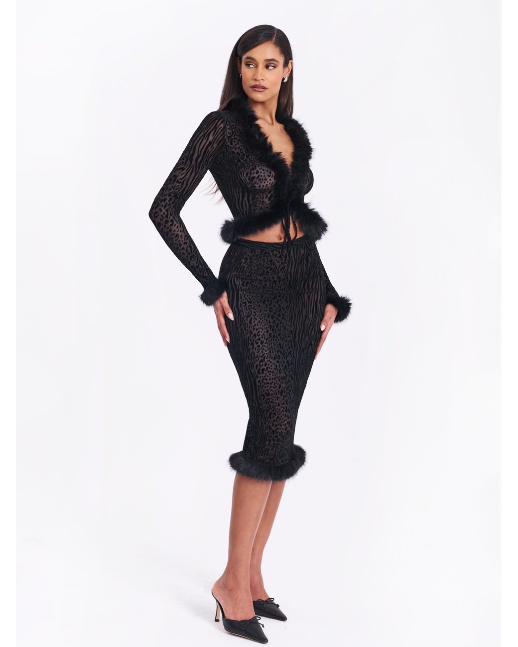 Miss Circle New York Black Halia Animal Print Burnout Velvet Fur Trim Skirt