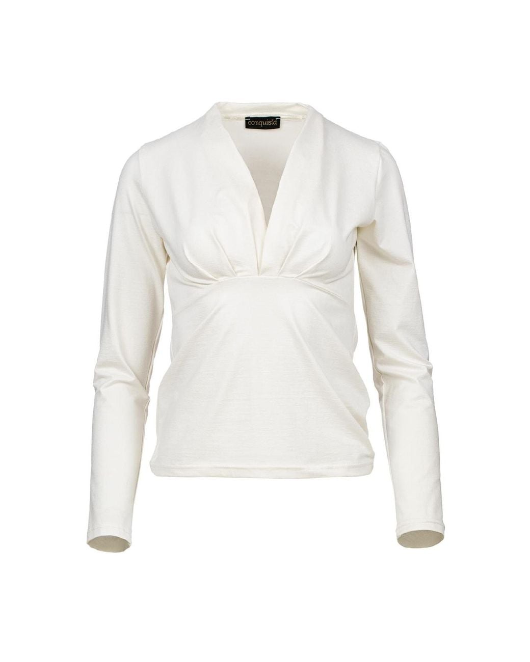 Conquista White Neutrals Elegant Ecru V-Neck Long Sleeve Jersey Top