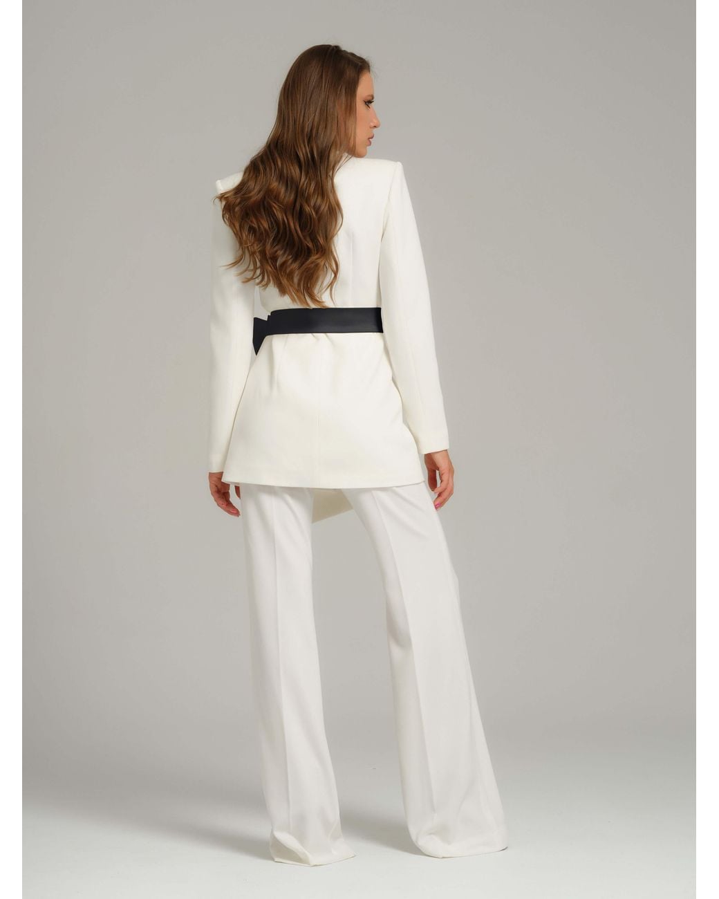 Tia Dorraine White Rare Pearl Power Suit With Detachable Bow Belt