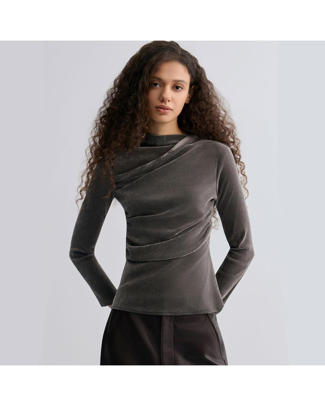FRONT ROW SHOP Gray Velvet Mesh Asymmetric Draped Top