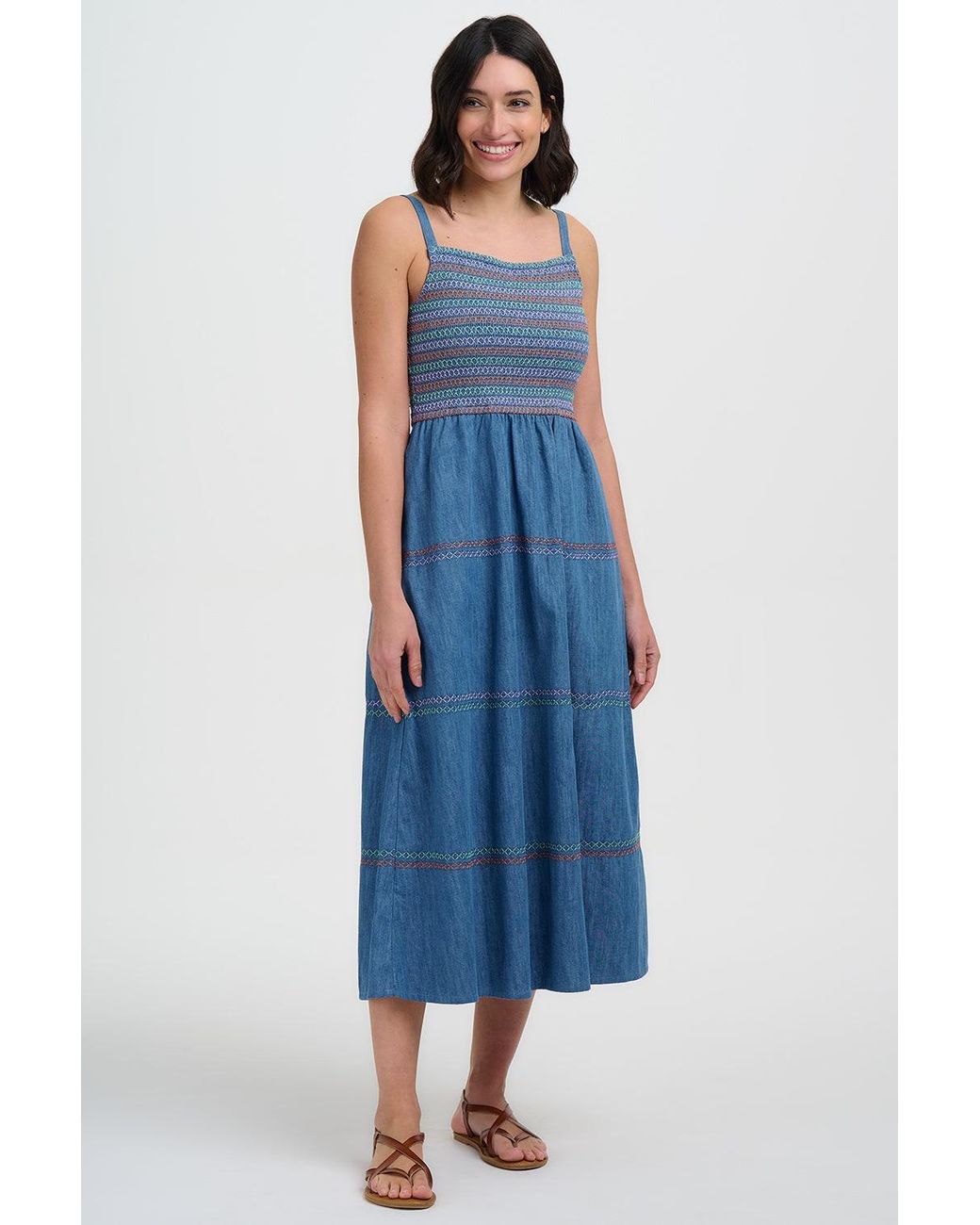 Sugarhill Blue Murren Shirred Midi Dress Washed Denim