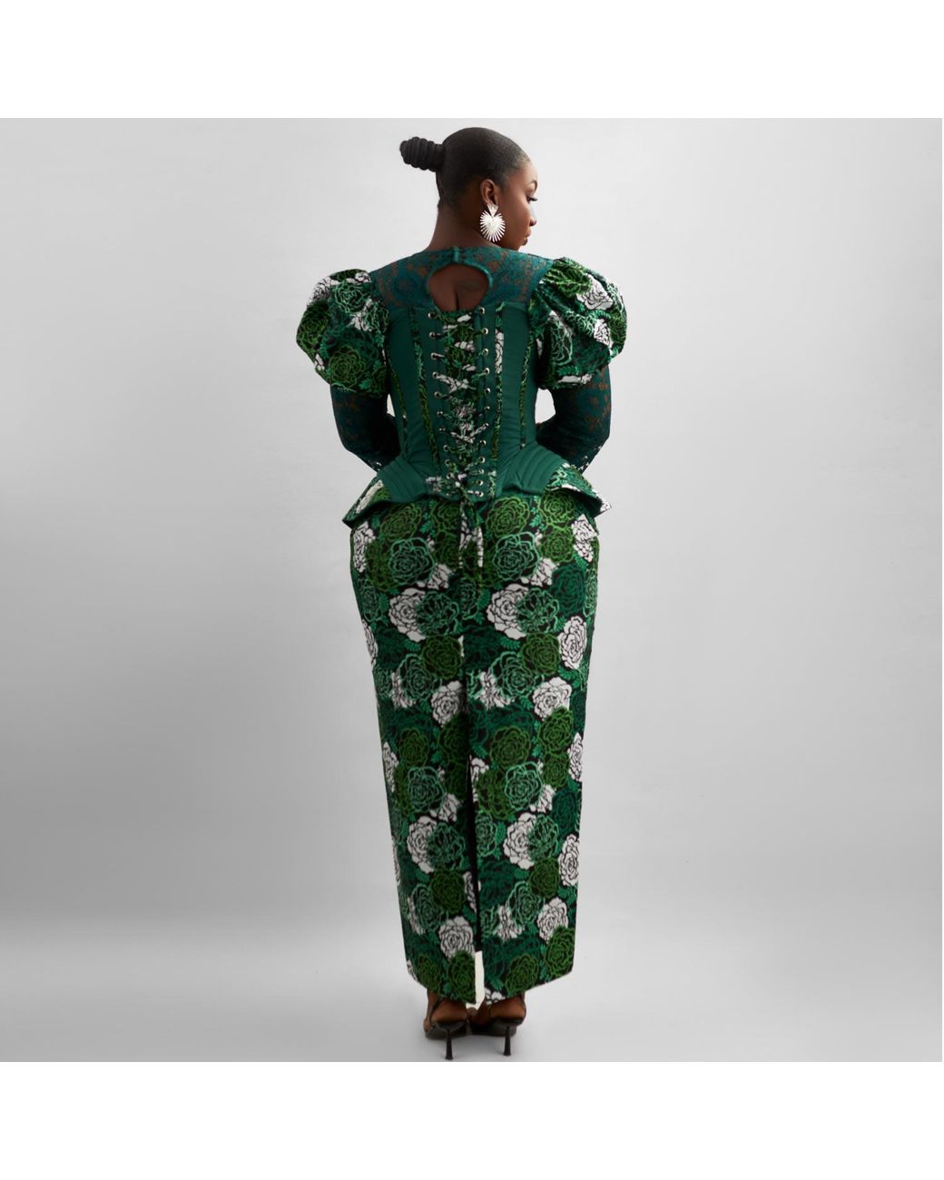 Spring Stitches Green Niniola Cotton Corset Top, Maxi Skirt & Head-Wrap Set