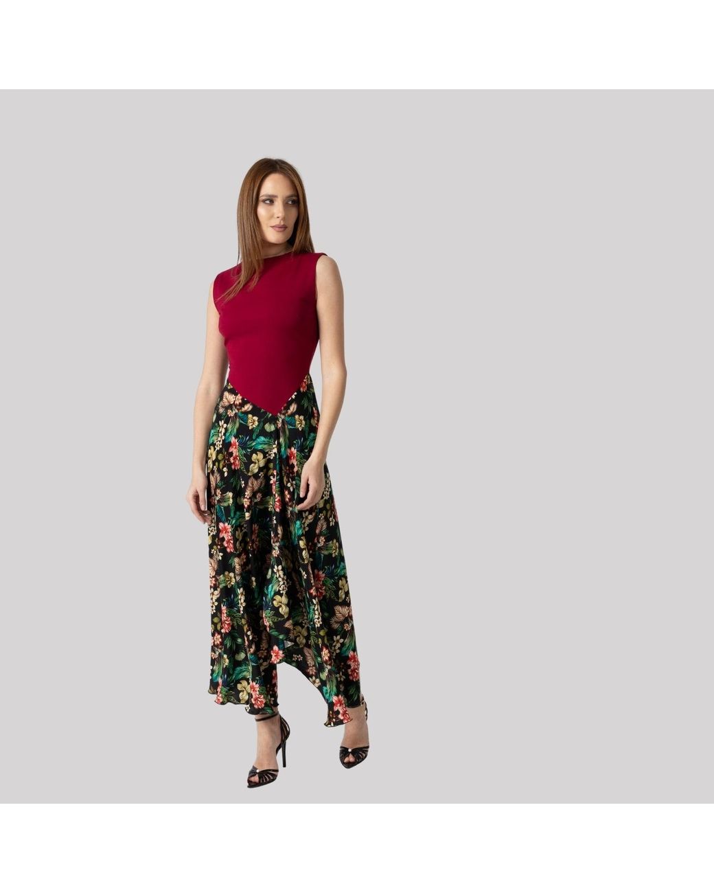 IZABELA MANDOIU Purple Two-Tone Burgundy Jersey Top Floral Midi Dress