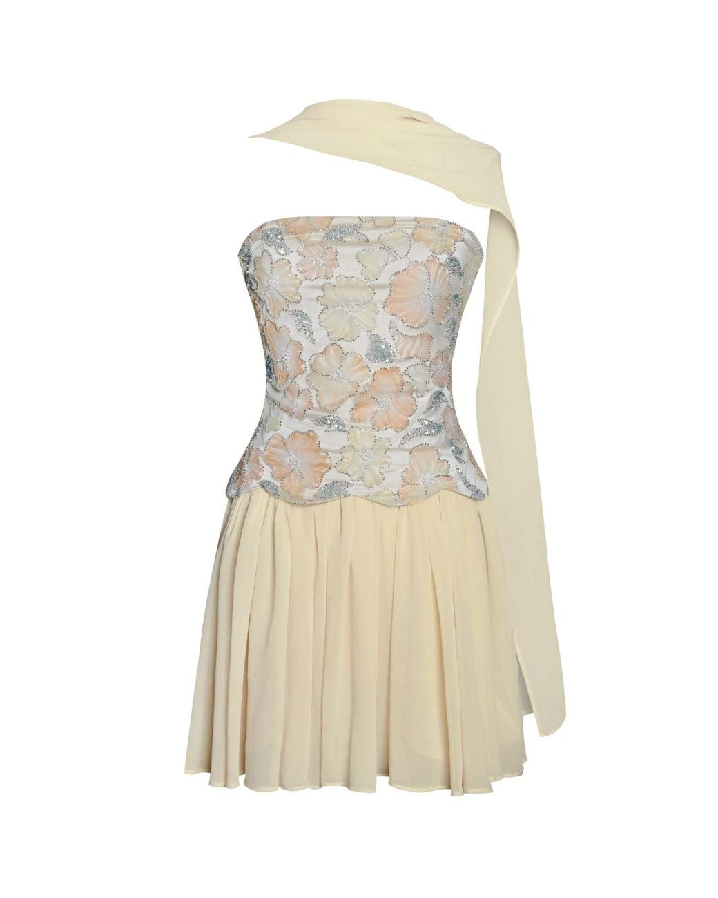 Miss Circle New York Natural Quanisha Beaded Floral Mini Chiffon Dress With Scarf