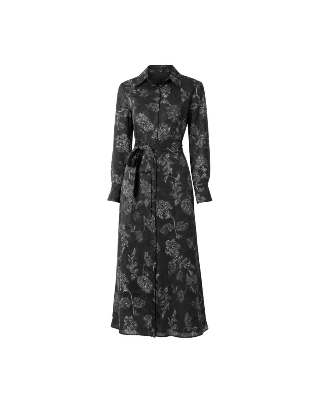 John Abgin Black Georgette Floral Textured Midi Shirt Dress