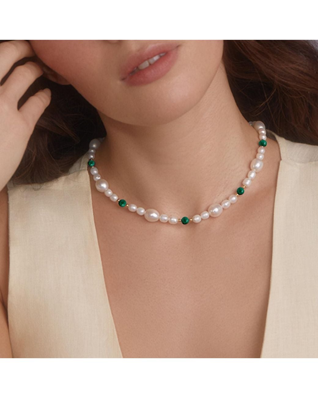 Vintouch Italy Metallic Bianca-Plated Pearl And Malachite Necklace