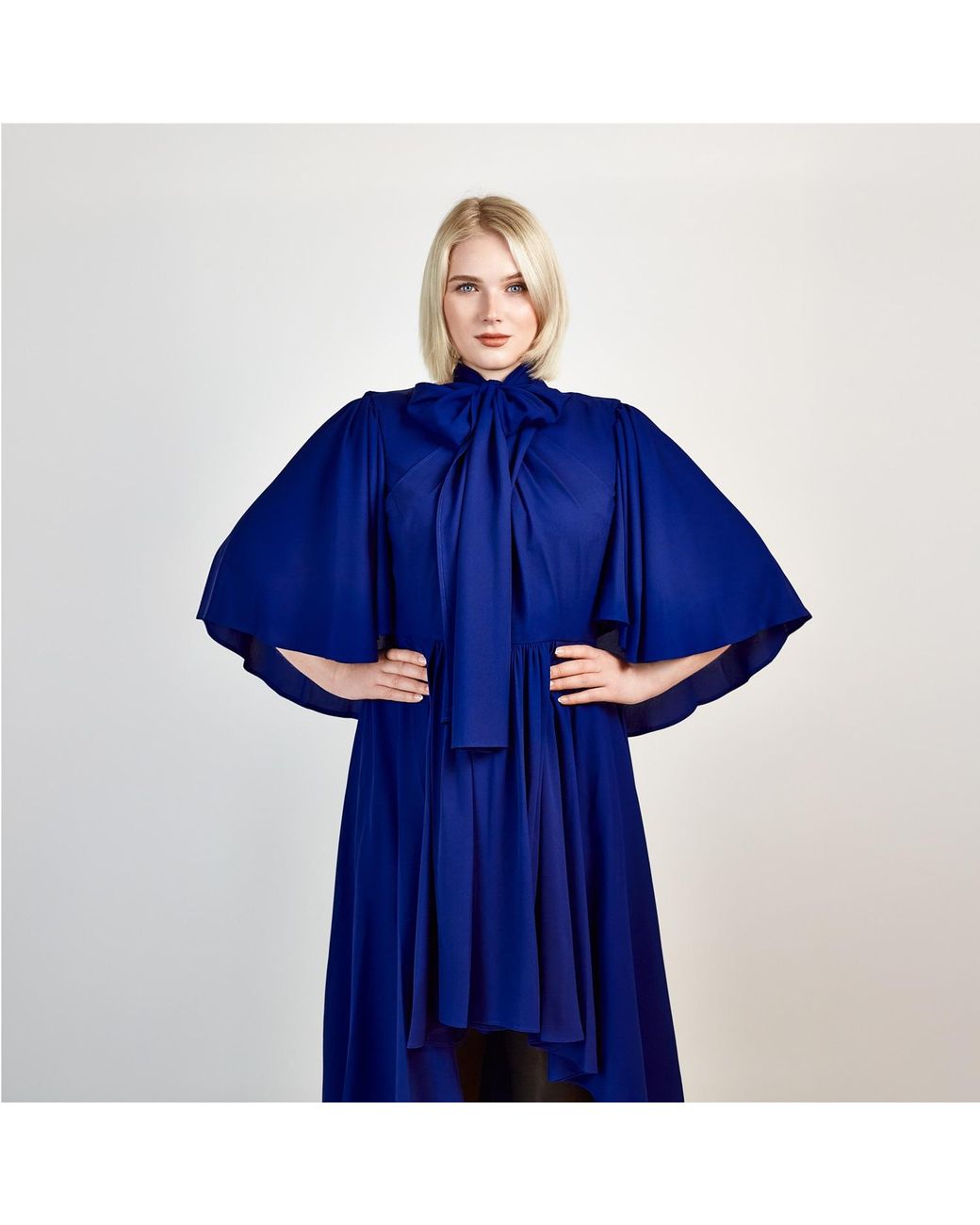 Femponiq Blue 'Bow Tie Neck Cape Sleeve Maxi Dress
