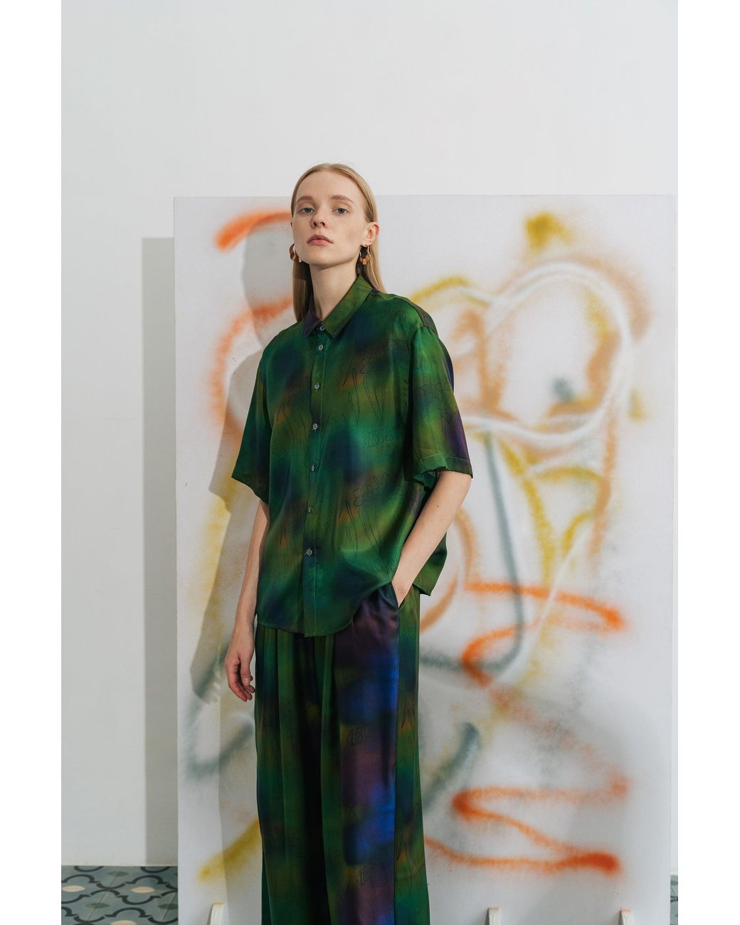 Lost Pattern Green Brooklyn Oversized Silk Shirt