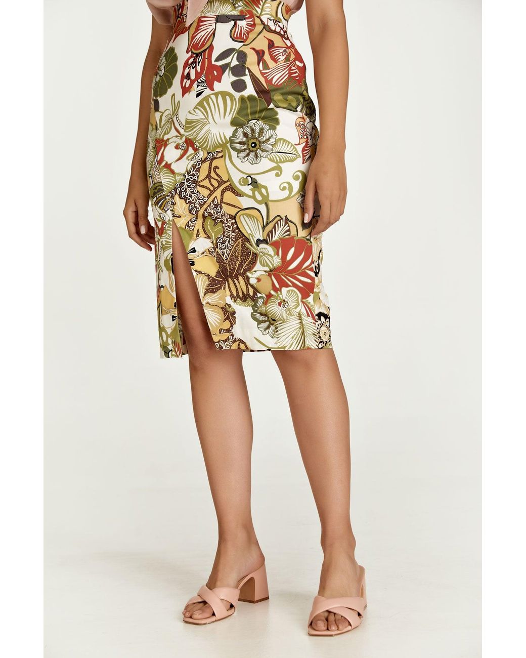 Conquista Metallic Floral Cotton Pencil Skirt