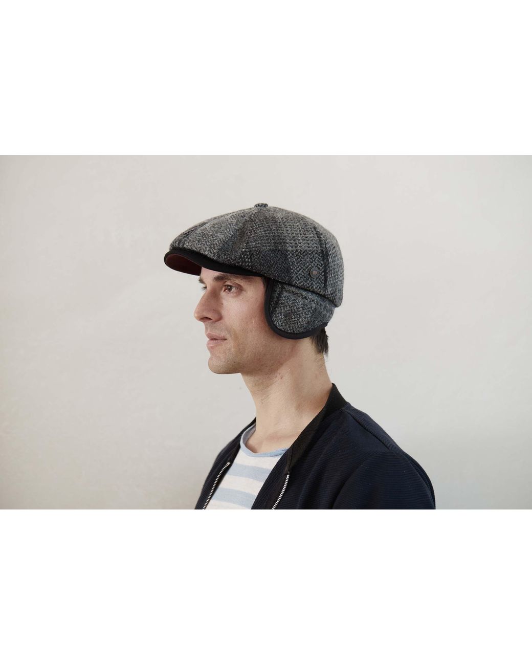 Dasmarca Hats Gray Aaron Harris Tweed Wool Cap With Earflaps for men