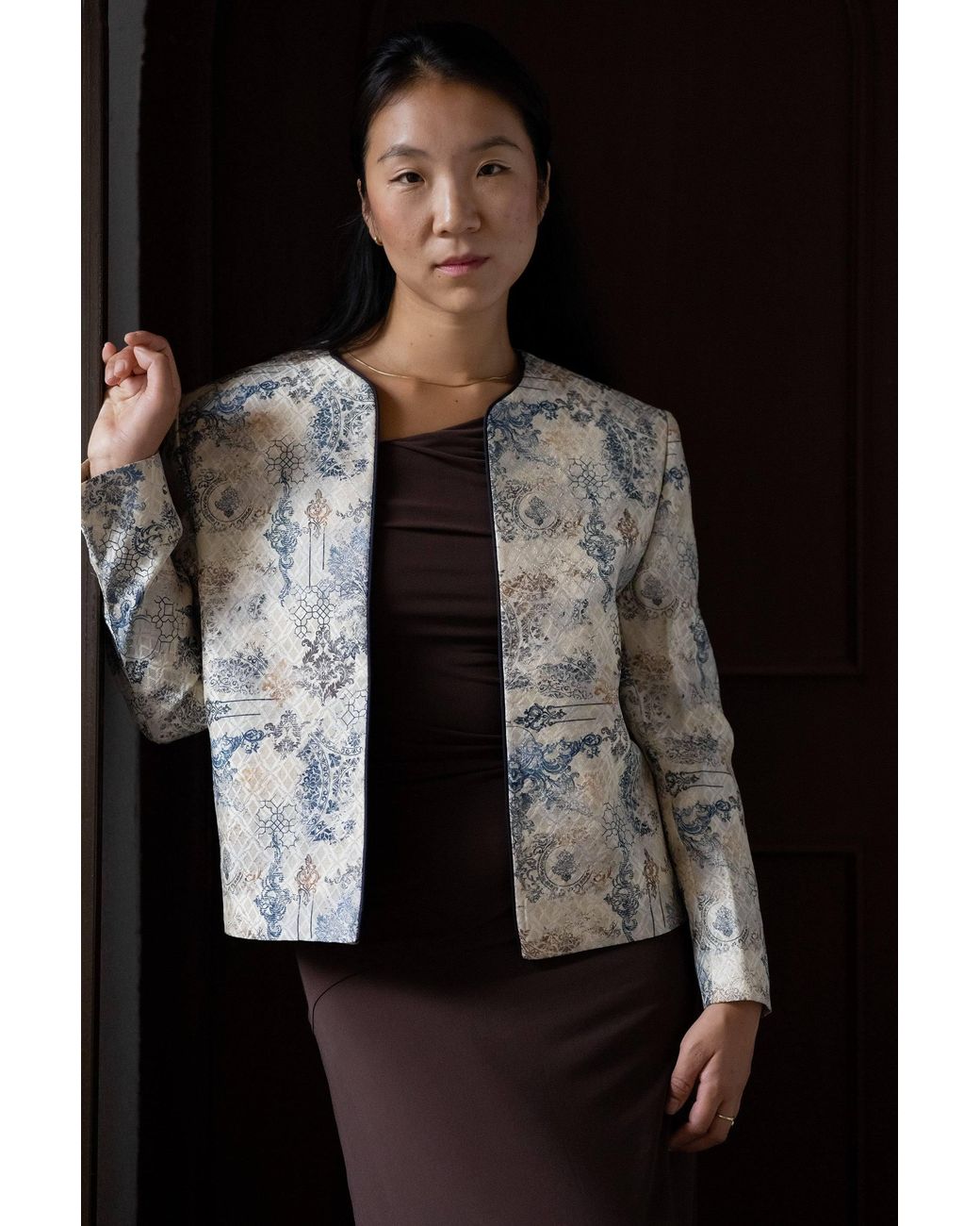 Stovaria Gray Ivory Printed Silk-Cotton Jacquard Statement Jacket