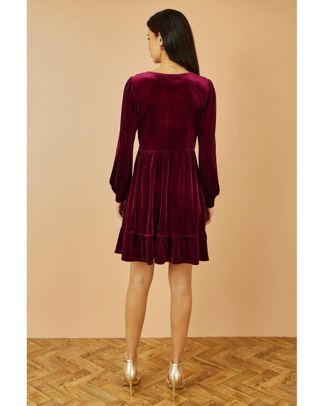 Yumi' Red Burgundy Velvet Long Sleeve Skater Dress