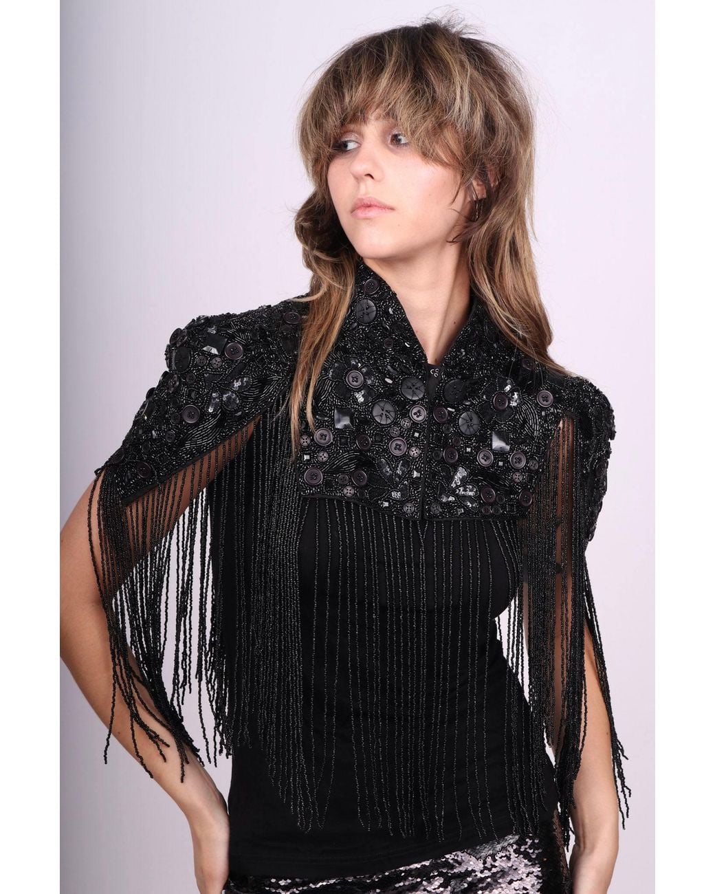 Any Old Iron Black Beaded Button Shrug